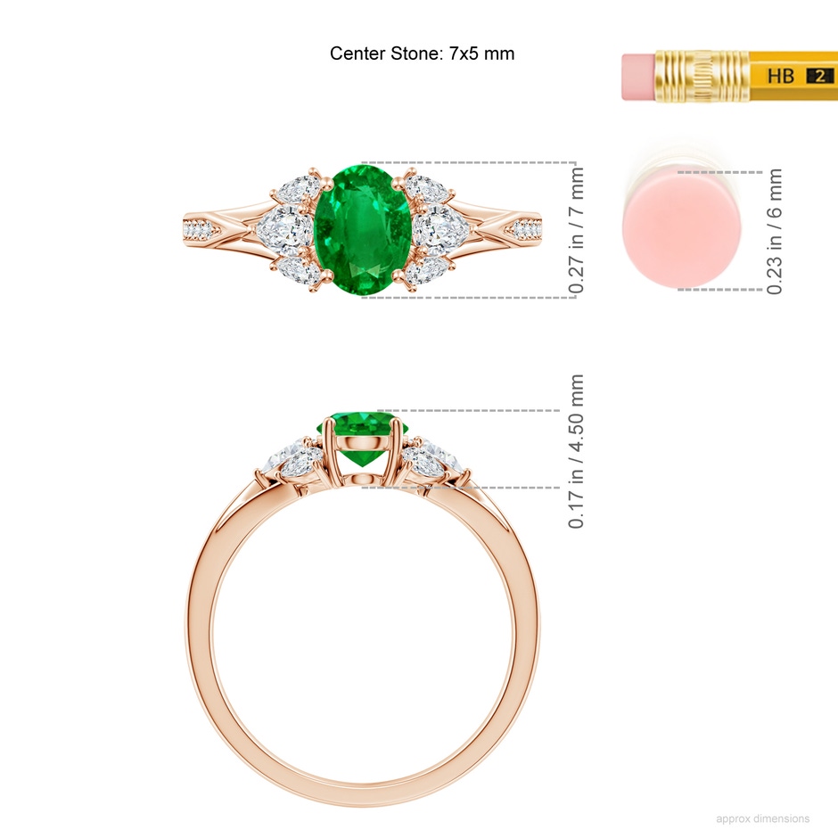 7x5mm AAAA Oval Emerald Engagement Ring with Pear Diamonds in Rose Gold ruler