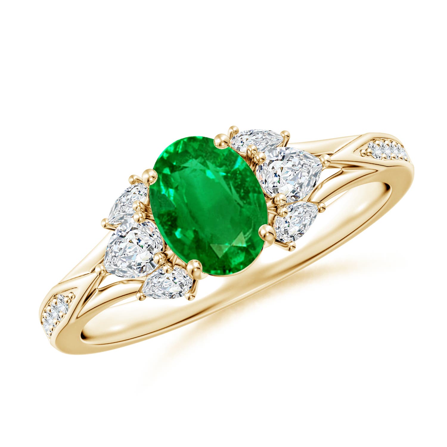 7x5mm AAAA Oval Emerald Engagement Ring with Pear Diamonds in Yellow Gold