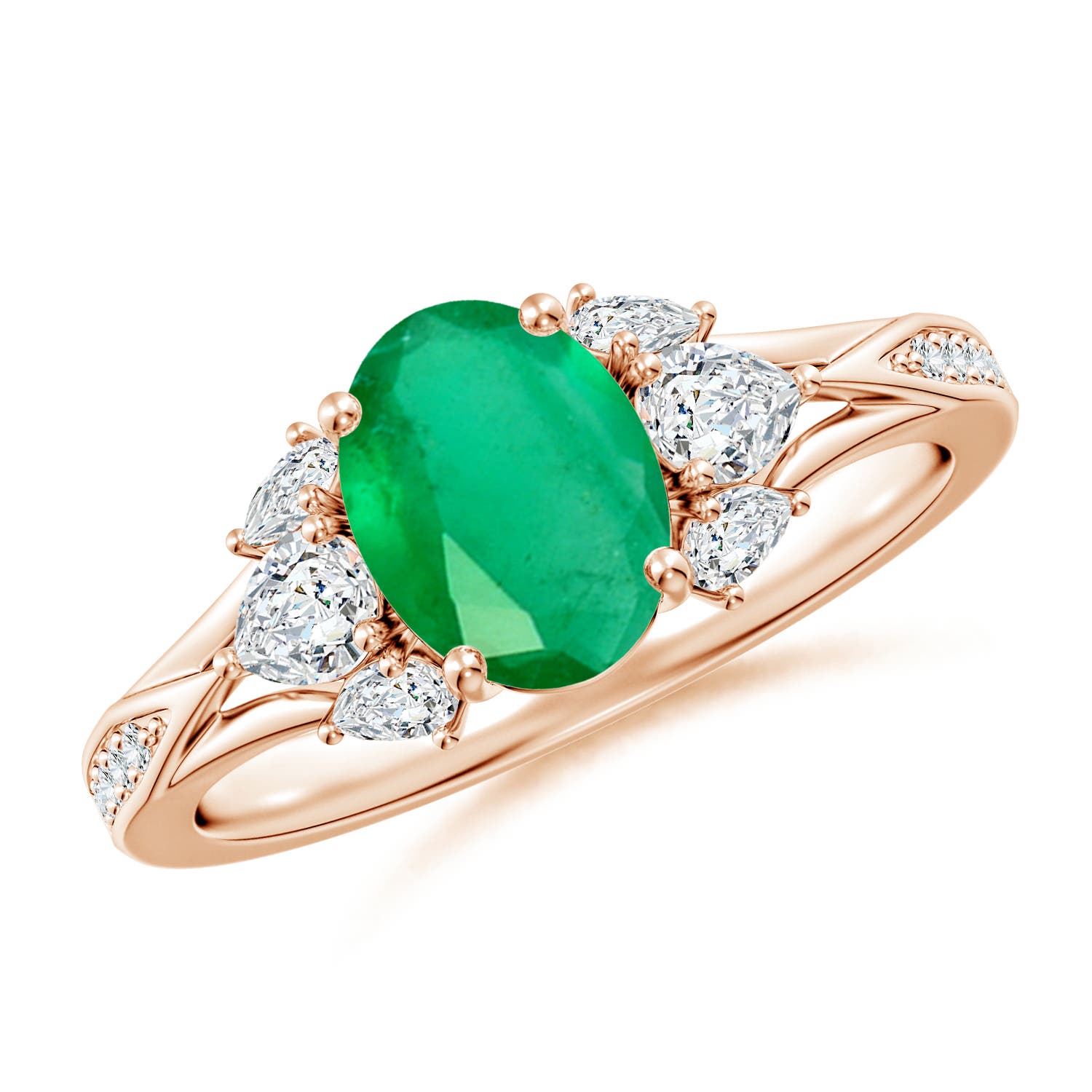 8x6mm A Oval Emerald Engagement Ring with Pear Diamonds in 18K Rose Gold