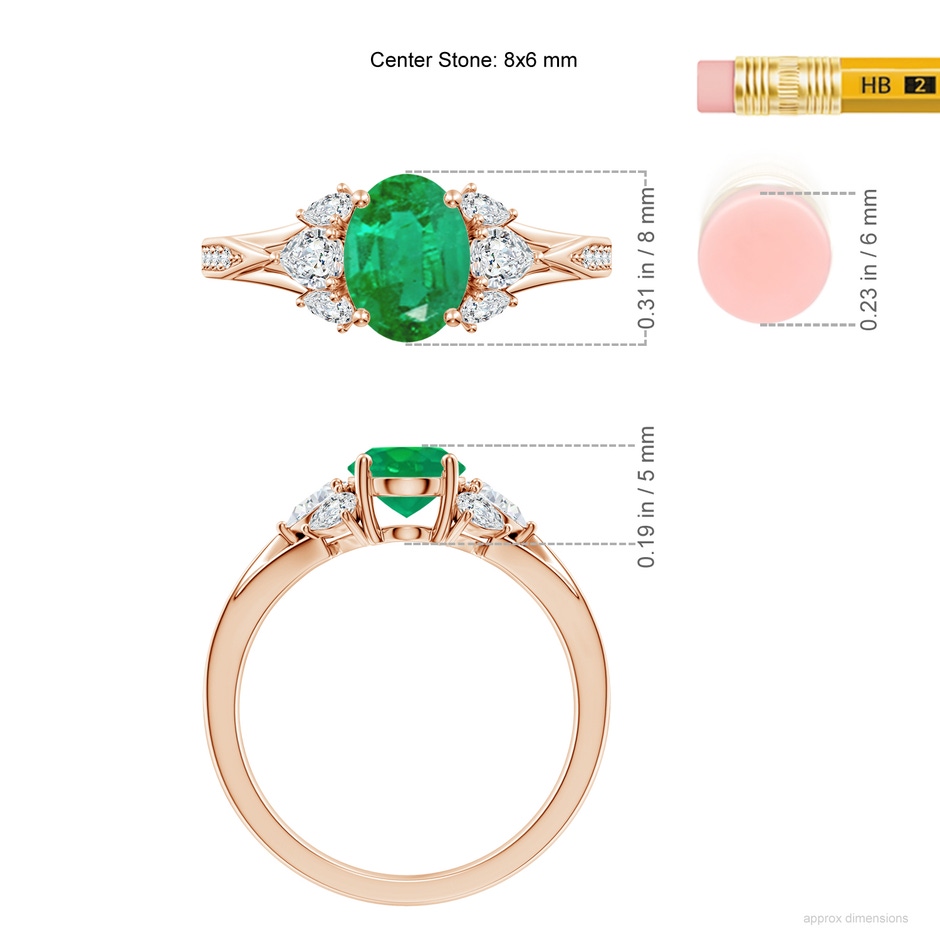 8x6mm AA Oval Emerald Engagement Ring with Pear Diamonds in Rose Gold ruler
