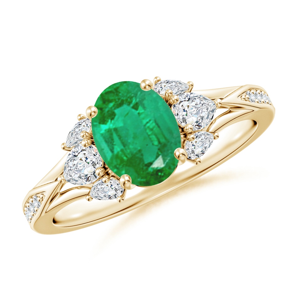 8x6mm AA Oval Emerald Engagement Ring with Pear Diamonds in Yellow Gold 