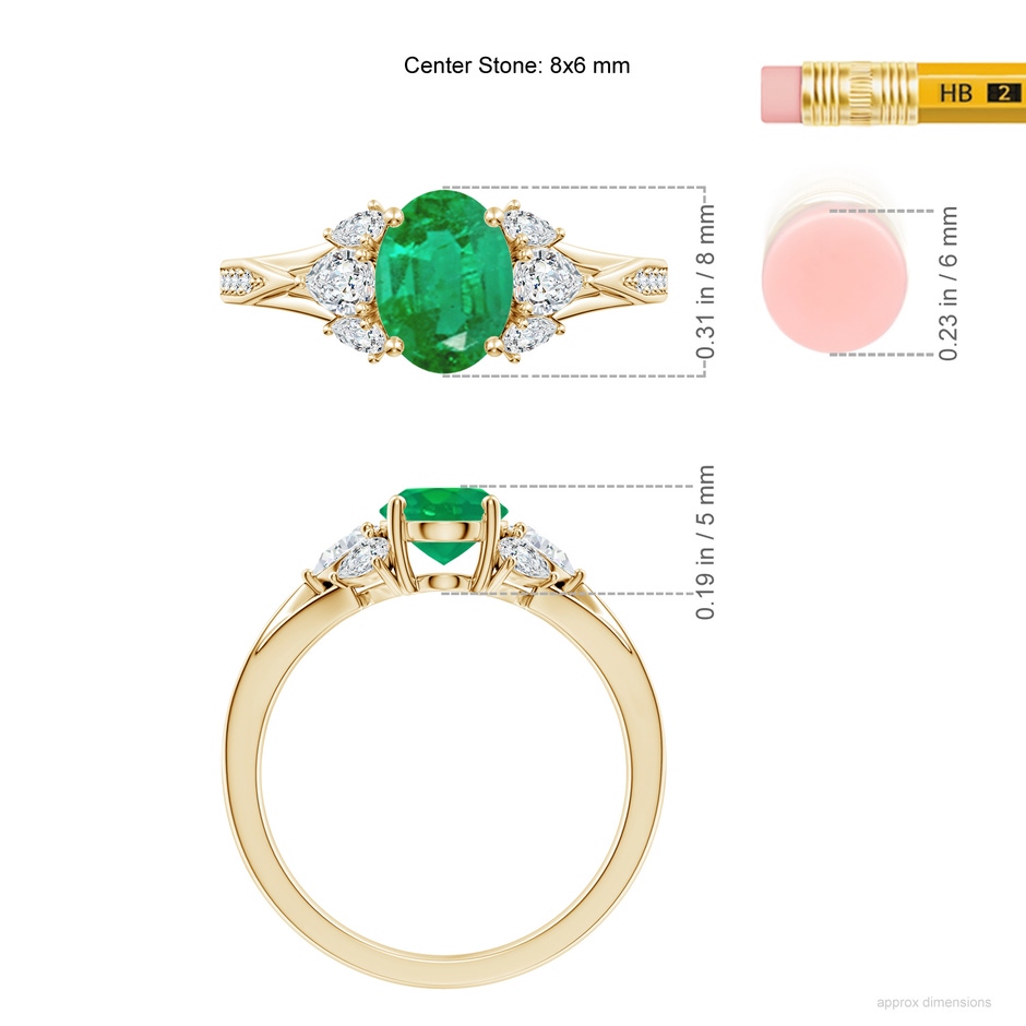 8x6mm AA Oval Emerald Engagement Ring with Pear Diamonds in Yellow Gold ruler