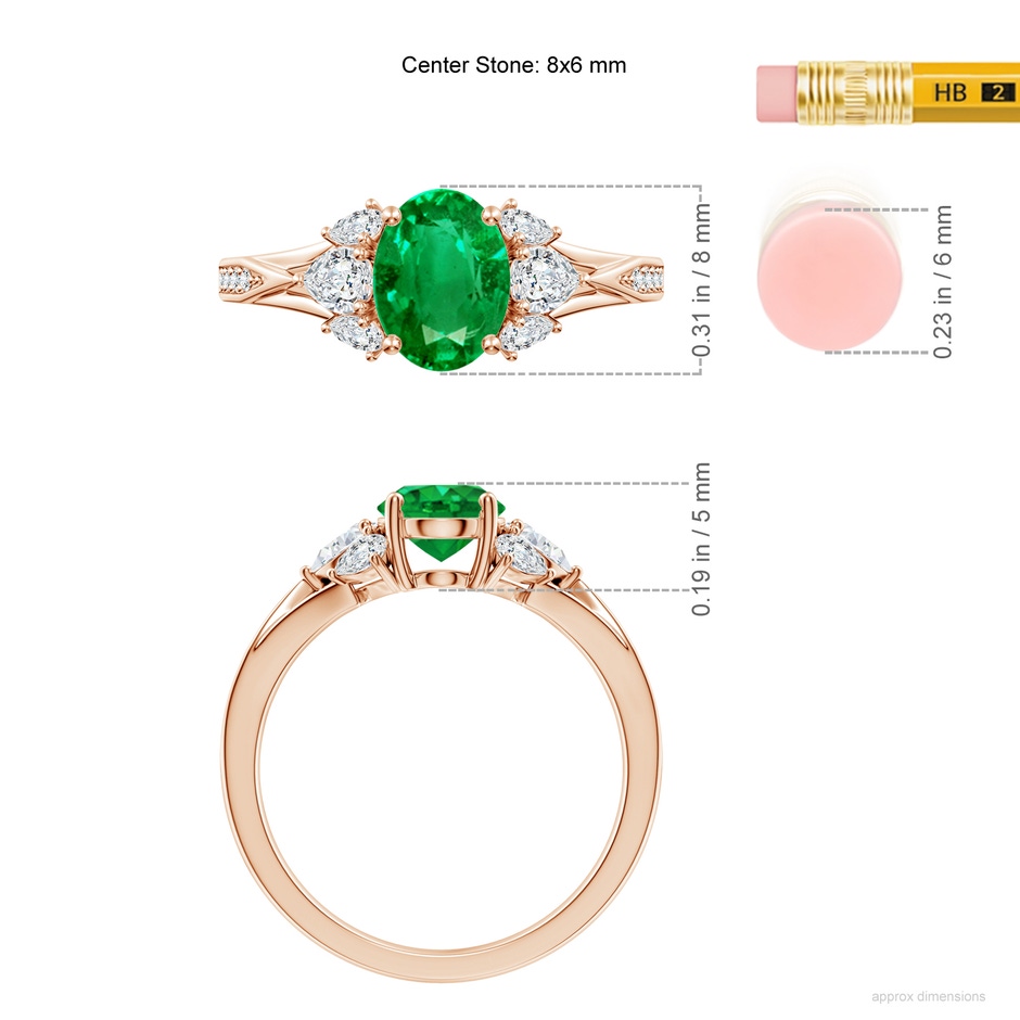 8x6mm AAA Oval Emerald Engagement Ring with Pear Diamonds in 18K Rose Gold ruler