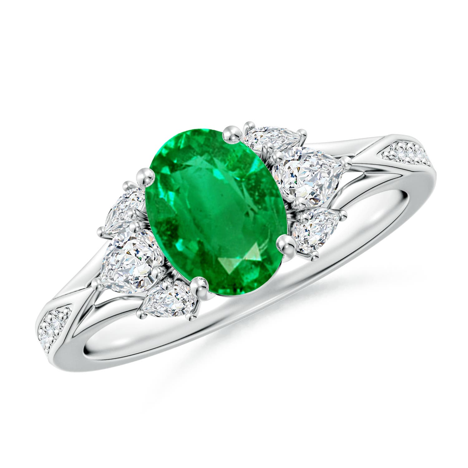 8x6mm AAA Oval Emerald Engagement Ring with Pear Diamonds in White Gold