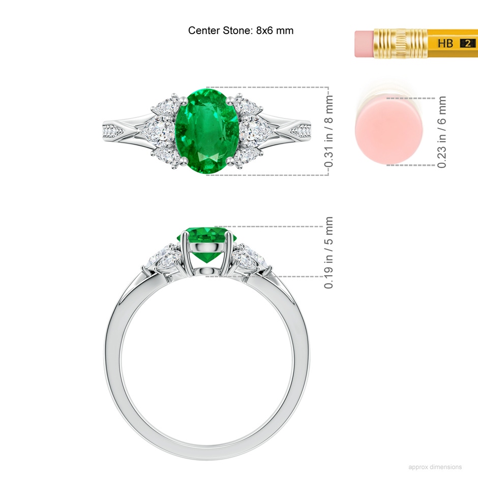 8x6mm AAA Oval Emerald Engagement Ring with Pear Diamonds in White Gold ruler