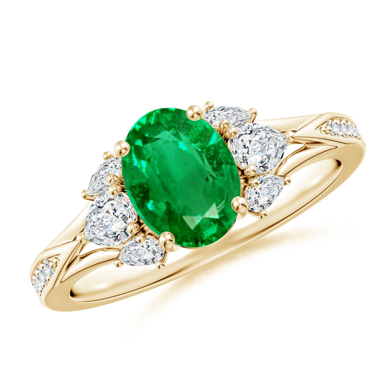 8x6mm AAA Oval Emerald Engagement Ring with Pear Diamonds in Yellow Gold