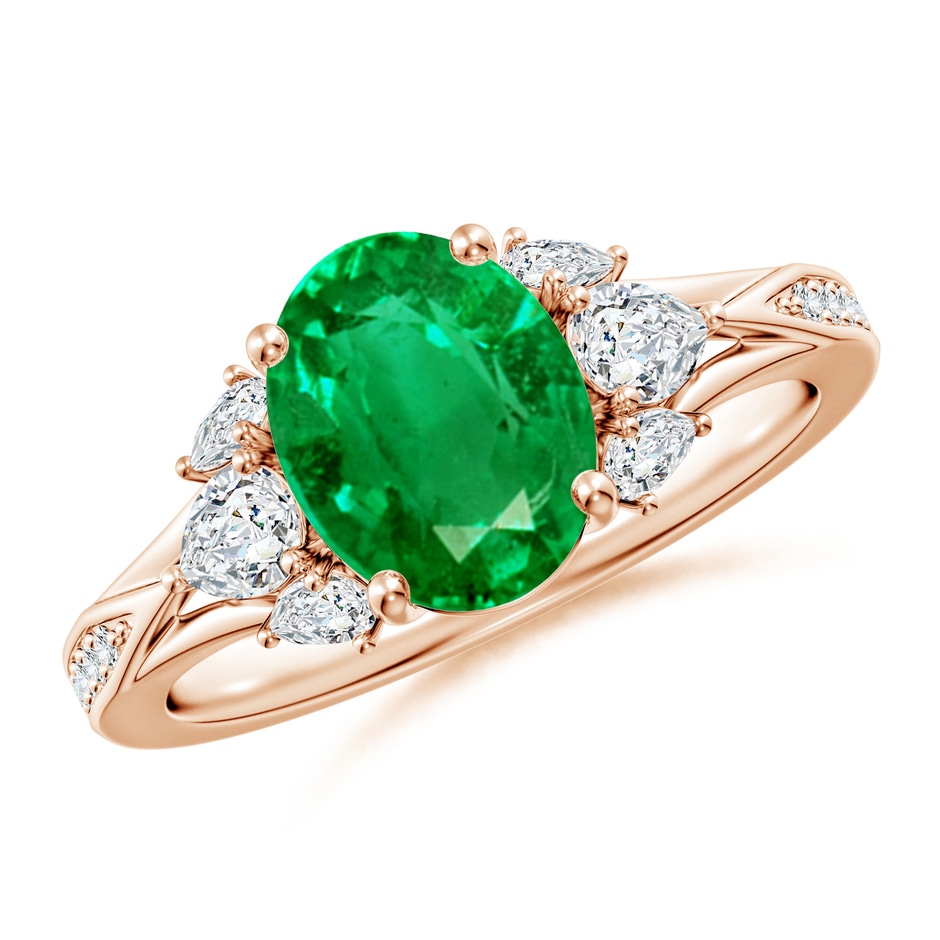 9x7mm AAA Oval Emerald Engagement Ring with Pear Diamonds in 18K Rose Gold 