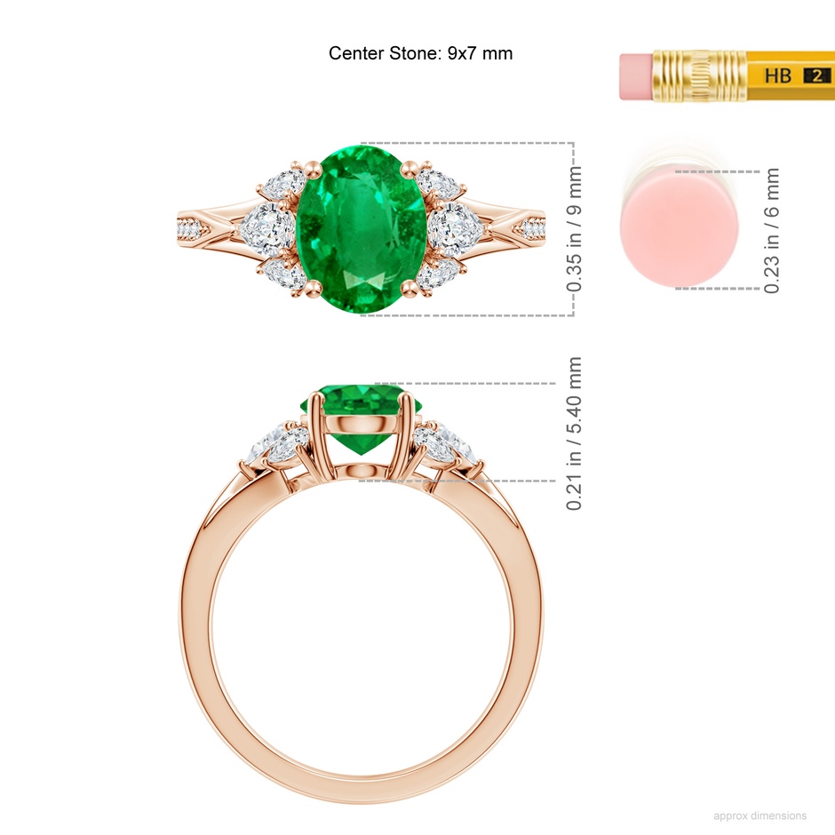 9x7mm AAA Oval Emerald Engagement Ring with Pear Diamonds in 18K Rose Gold ruler