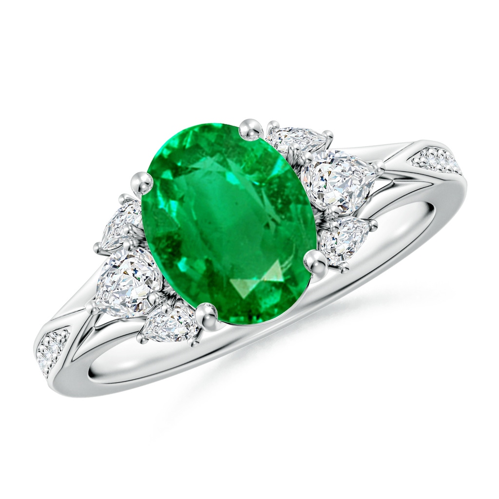 9x7mm AAA Oval Emerald Engagement Ring with Pear Diamonds in White Gold