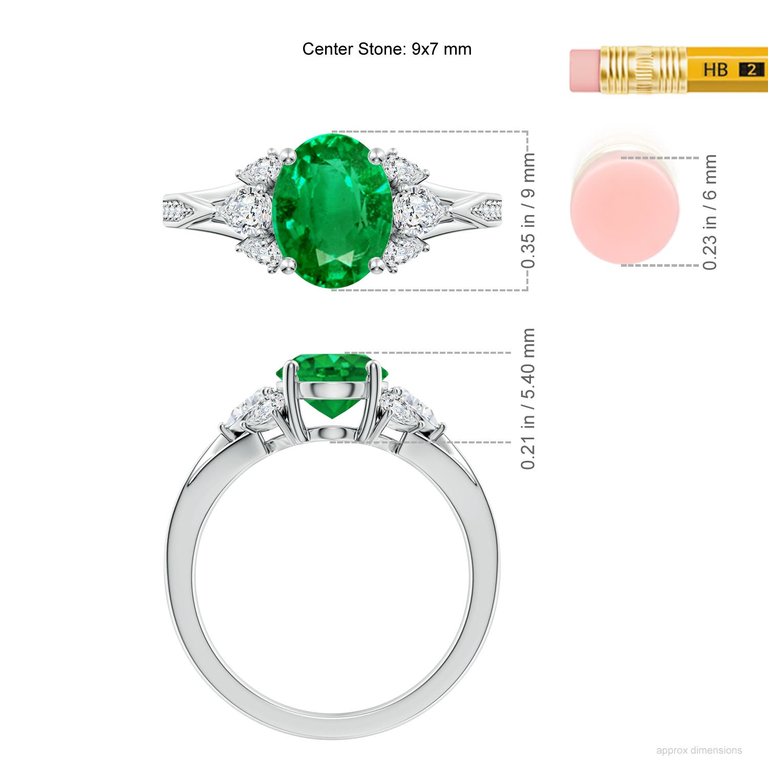 9x7mm AAA Oval Emerald Engagement Ring with Pear Diamonds in White Gold - ruler