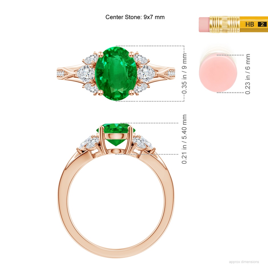 9x7mm AAAA Oval Emerald Engagement Ring with Pear Diamonds in 18K Rose Gold ruler