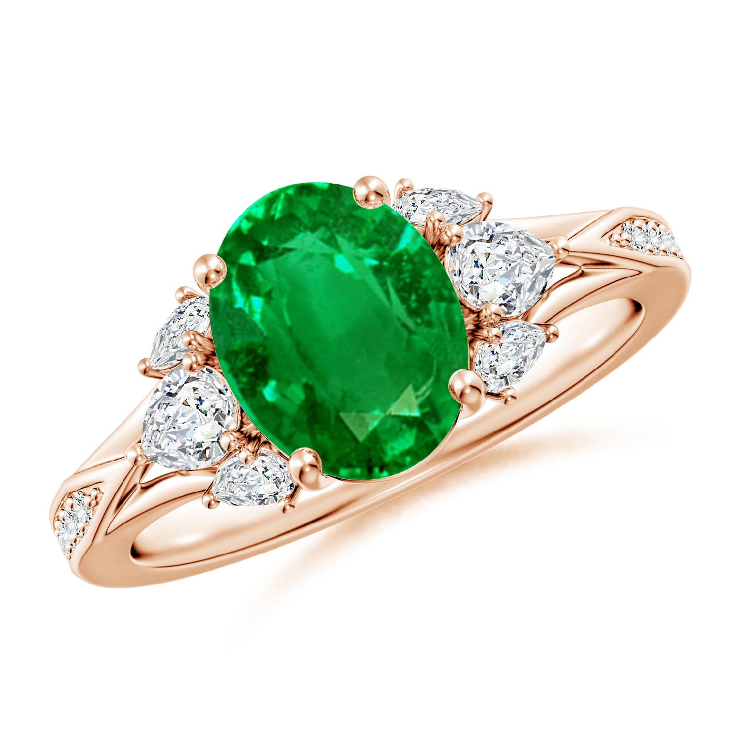 9x7mm AAAA Oval Emerald Engagement Ring with Pear Diamonds in Rose Gold