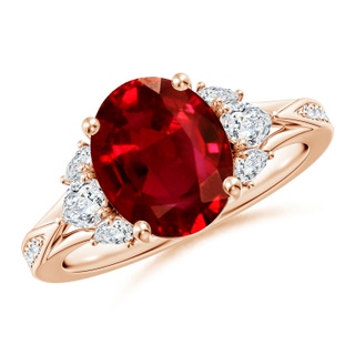 10x8mm AAAA Oval Ruby Engagement Ring with Pear Diamonds in 9K Rose Gold