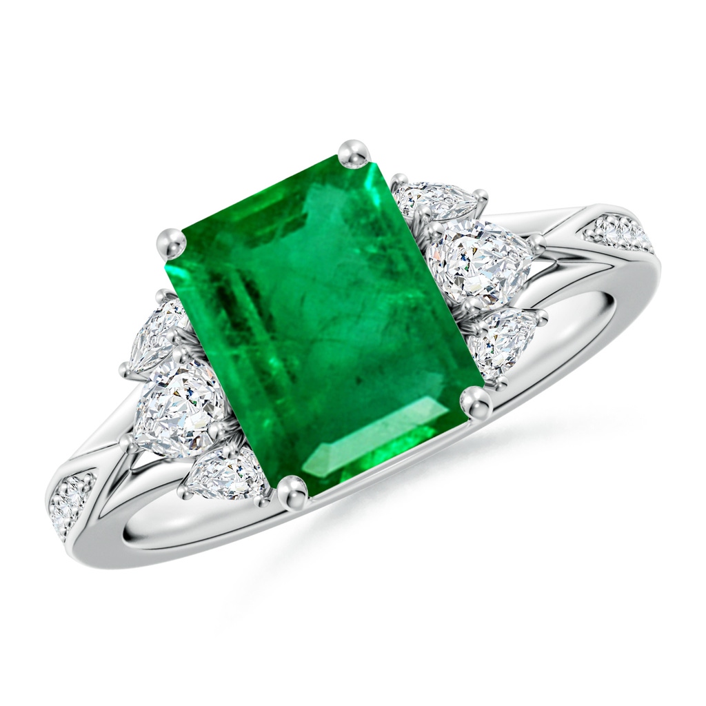 9x7mm AAA Emerald-Cut Emerald Engagement Ring with Pear Diamonds in White Gold