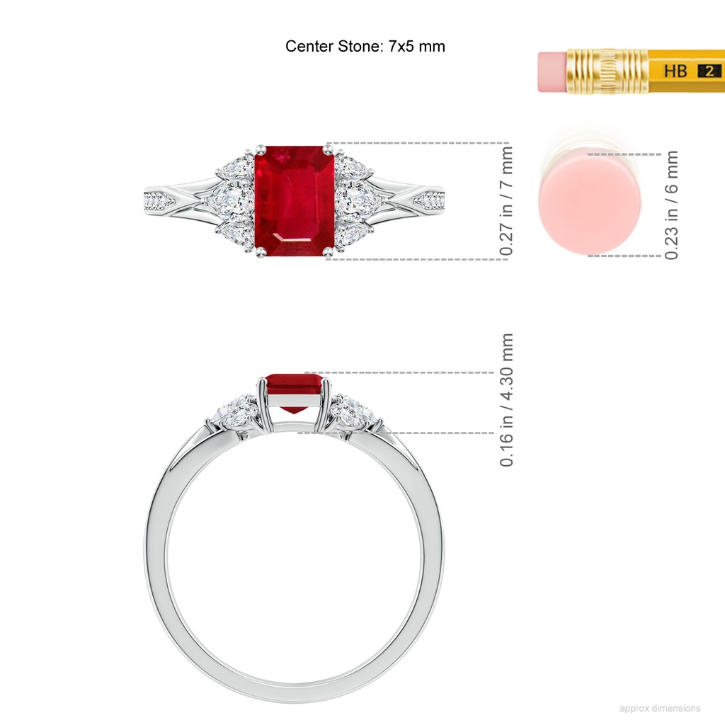 7x5mm AAA Emerald-Cut Ruby Engagement Ring with Pear Diamonds in White Gold ruler