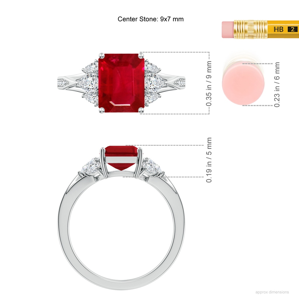 9x7mm AAA Emerald-Cut Ruby Engagement Ring with Pear Diamonds in White Gold ruler