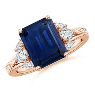 10x8mm AAA Emerald-Cut Blue Sapphire Engagement Ring with Pear Diamonds in 9K Rose Gold