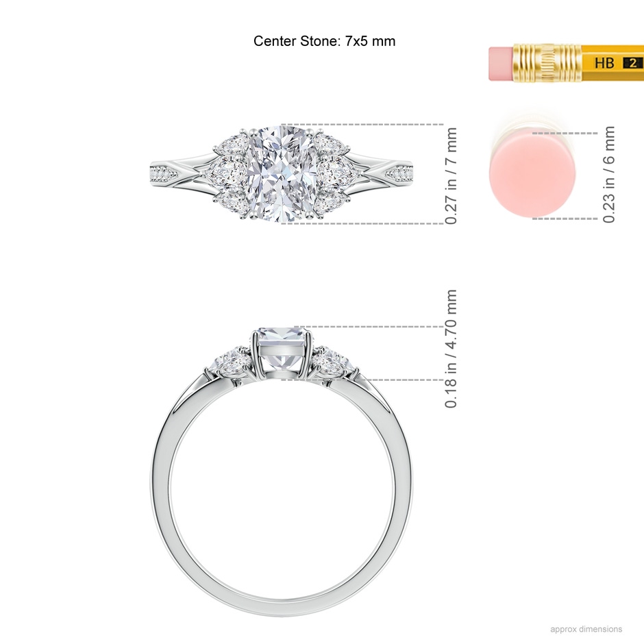 7x5mm HSI2 Cushion Rectangular Diamond Engagement Ring with Pear Accents in White Gold ruler