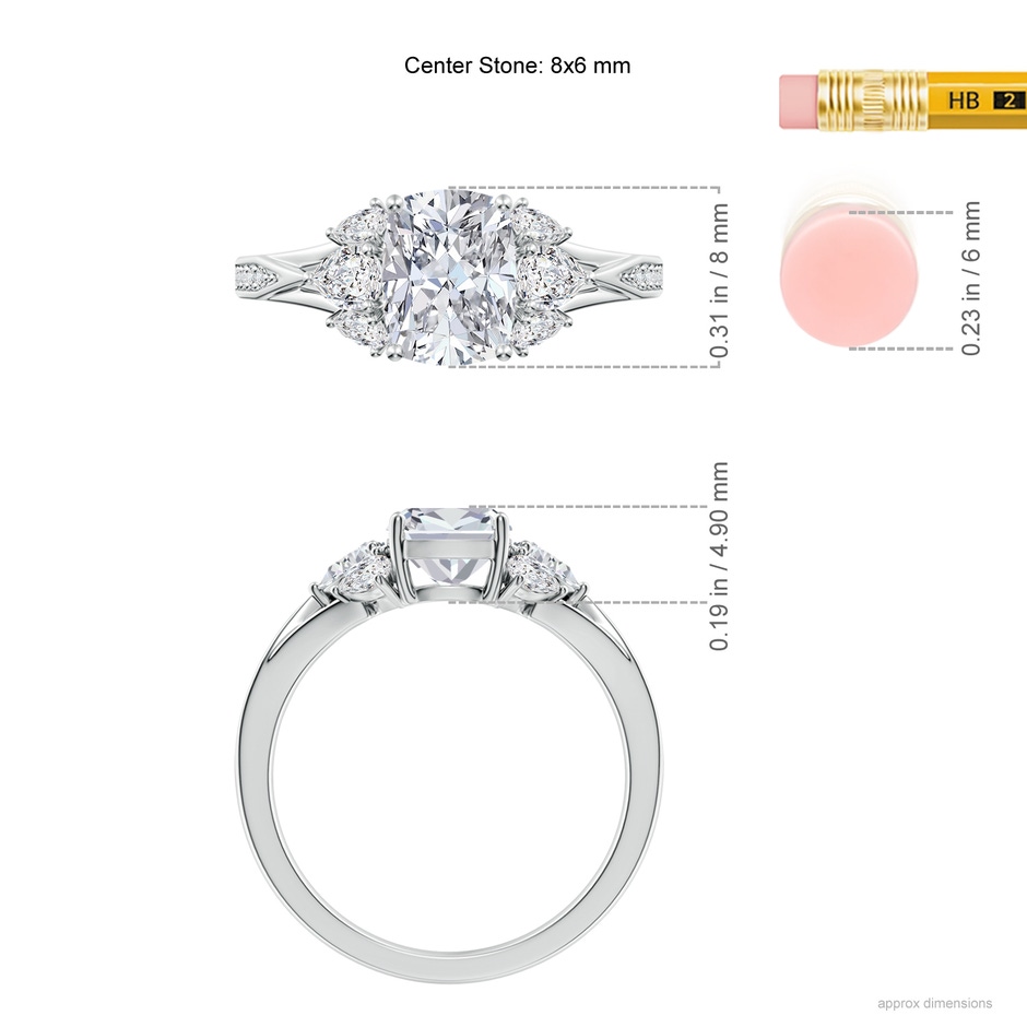 8x6mm HSI2 Cushion Rectangular Diamond Engagement Ring with Pear Accents in White Gold ruler