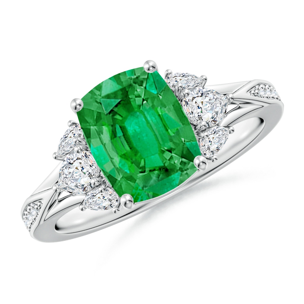 9x7mm AAA Cushion Rectangular Emerald Engagement Ring with Pear Diamonds in White Gold