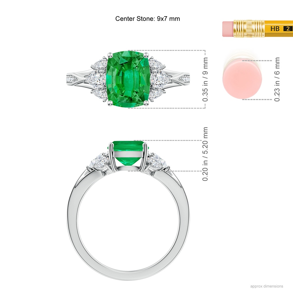 9x7mm AAA Cushion Rectangular Emerald Engagement Ring with Pear Diamonds in White Gold ruler