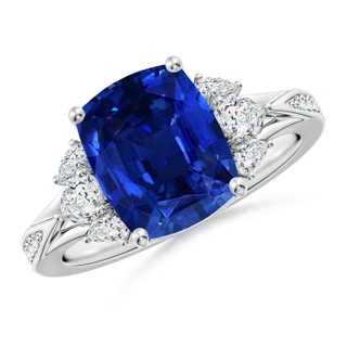 10x8mm AAAA Cushion Rectangular Blue Sapphire Engagement Ring with Pear Diamonds in P950 Platinum