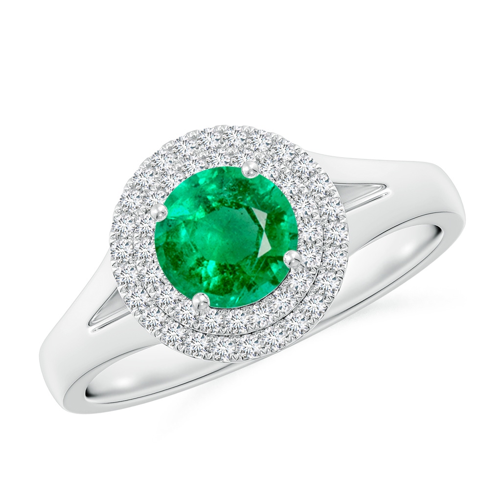 6mm AAA Round Emerald Double Halo Engagement Ring in White Gold