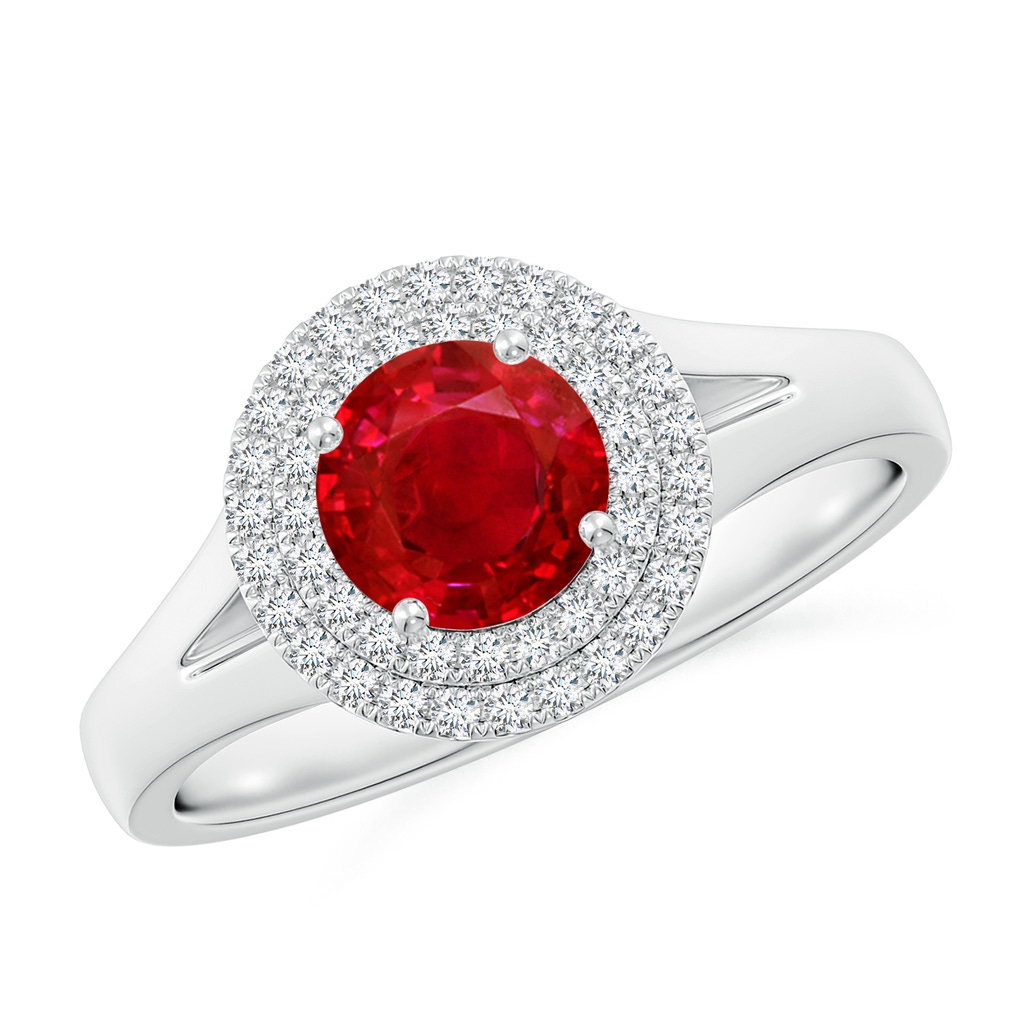 6mm AAA Round Ruby Double Halo Engagement Ring in White Gold