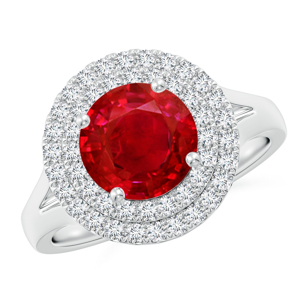 8mm AAA Round Ruby Double Halo Engagement Ring in White Gold