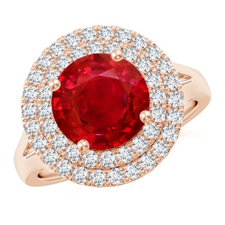 9mm AAA Round Ruby Double Halo Engagement Ring in Rose Gold
