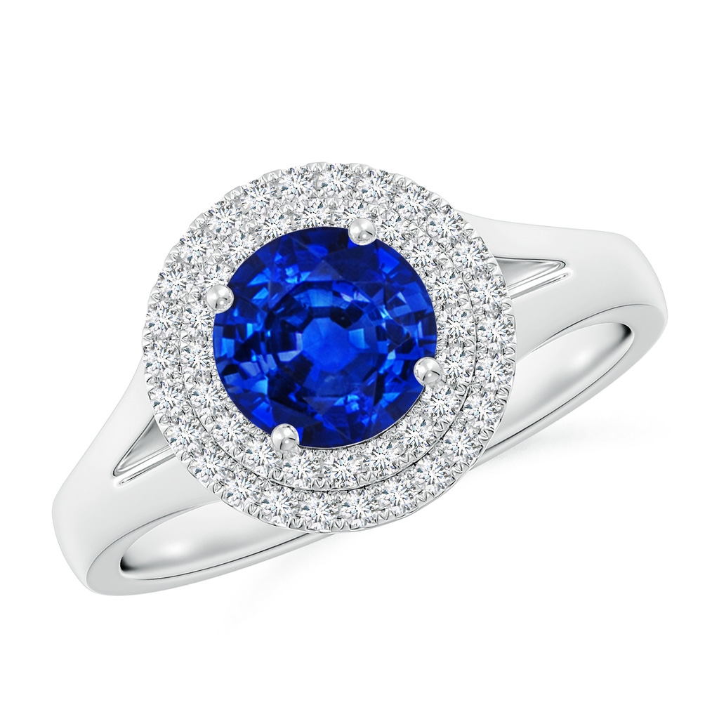 6.5mm Lab-Grown Round Blue Sapphire Double Halo Engagement Ring in White Gold