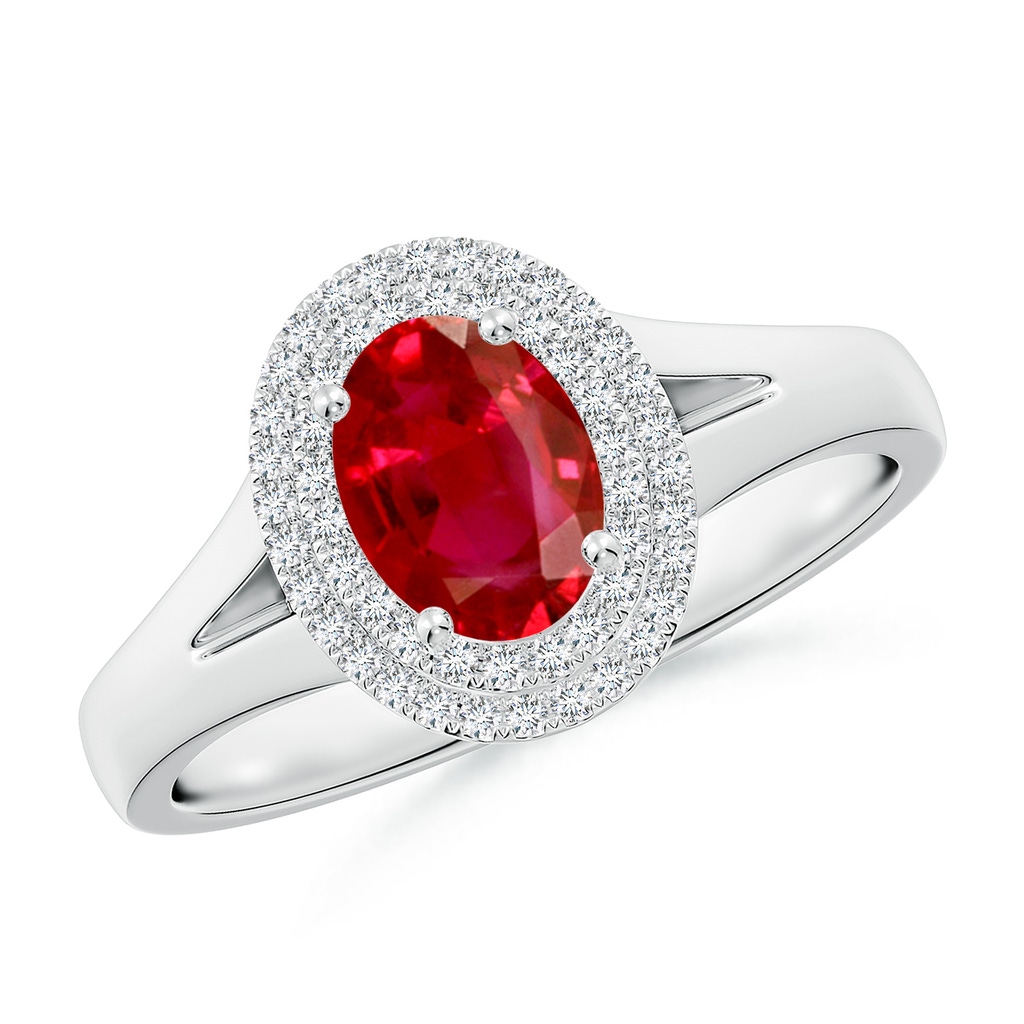 7x5mm AAA Oval Ruby Double Halo Engagement Ring in White Gold