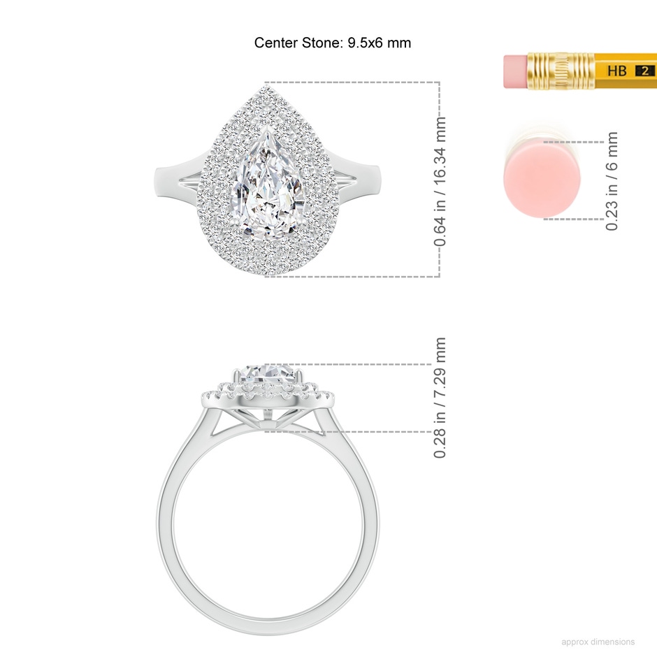 9.5x6mm HSI2 Pear-Shaped Diamond Double Halo Engagement Ring in White Gold ruler