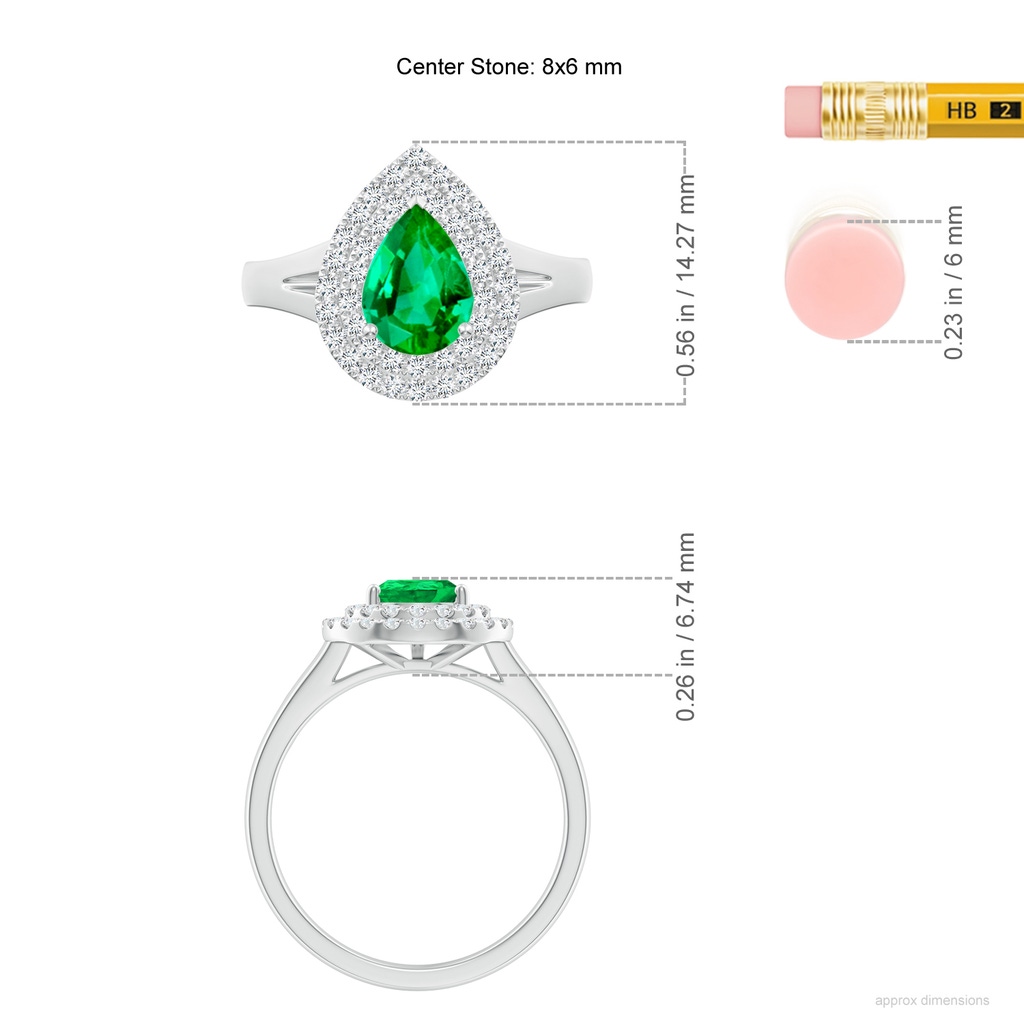 8x6mm AAA Pear-Shaped Emerald Double Halo Engagement Ring in White Gold ruler
