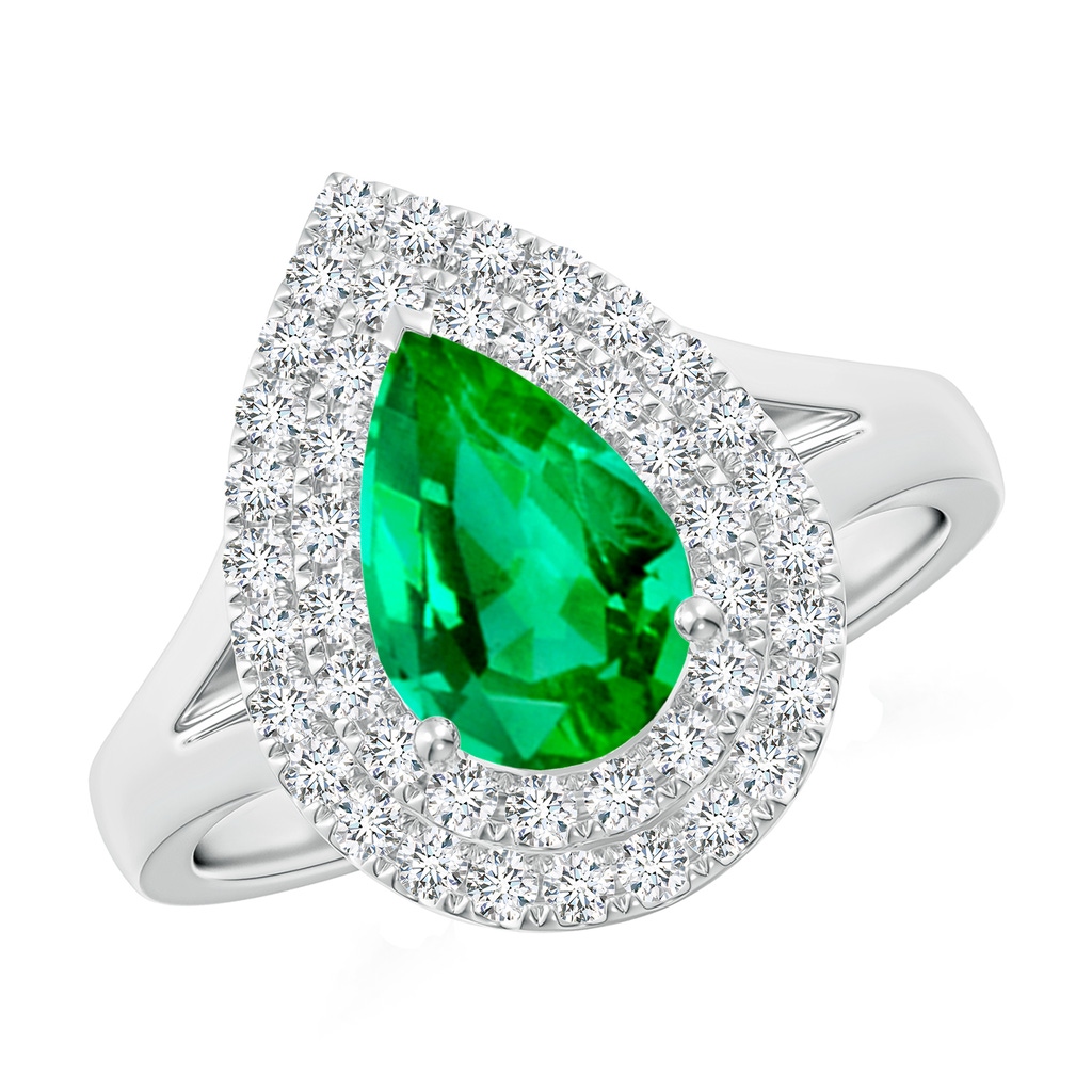 9x7mm AAA Pear-Shaped Emerald Double Halo Engagement Ring in White Gold