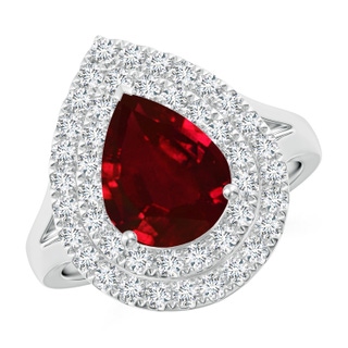 10x8mm AAAA Pear-Shaped Ruby Double Halo Engagement Ring in P950 Platinum