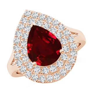10x8mm AAAA Pear-Shaped Ruby Double Halo Engagement Ring in Rose Gold