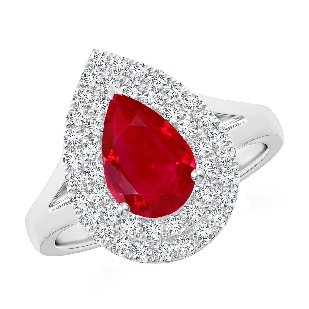 9x7mm AAA Pear-Shaped Ruby Double Halo Engagement Ring in White Gold