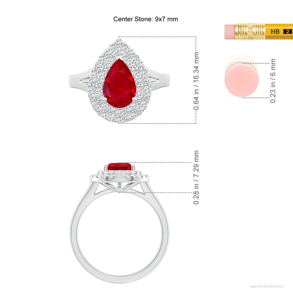 9x7mm AAA Pear-Shaped Ruby Double Halo Engagement Ring in White Gold ruler