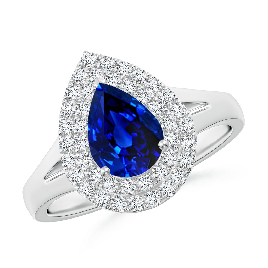 8x6mm Lab-Grown Pear-Shaped Blue Sapphire Double Halo Engagement Ring in White Gold