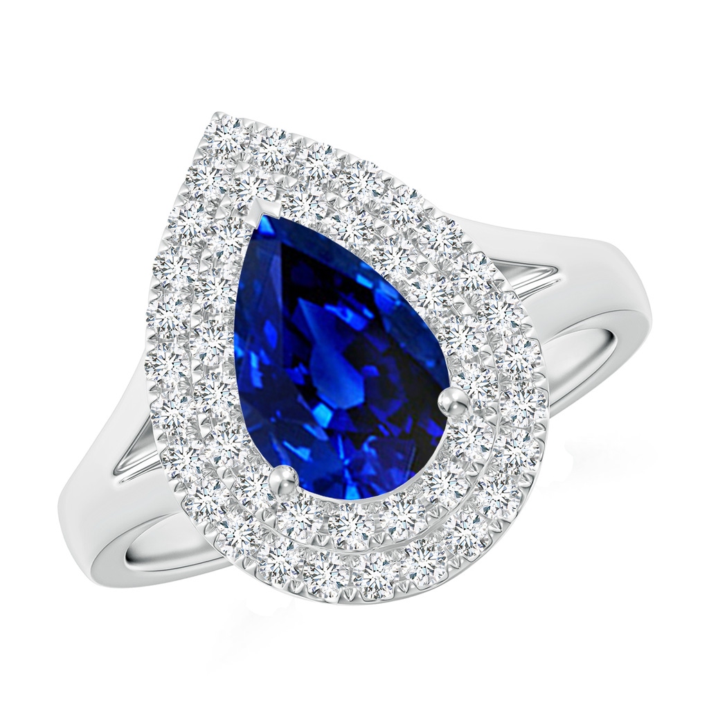 9x7mm Lab-Grown Pear-Shaped Blue Sapphire Double Halo Engagement Ring in White Gold