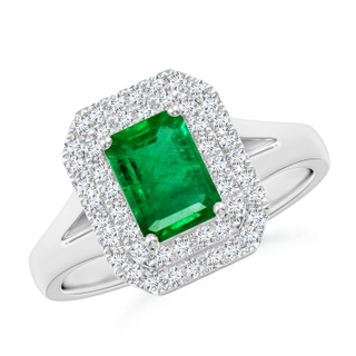 7x5mm AAA Emerald-Cut Emerald Double Halo Engagement Ring in White Gold
