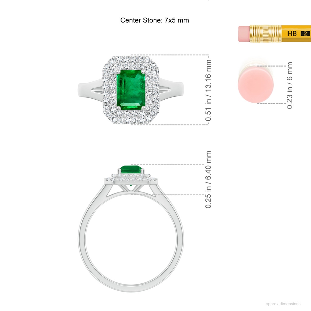 7x5mm AAA Emerald-Cut Emerald Double Halo Engagement Ring in White Gold ruler