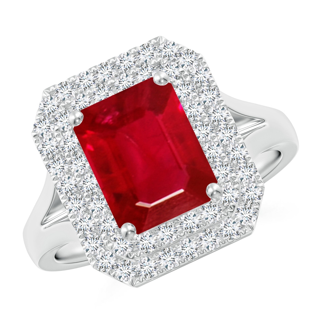 9x7mm AAA Emerald-Cut Ruby Double Halo Engagement Ring in White Gold