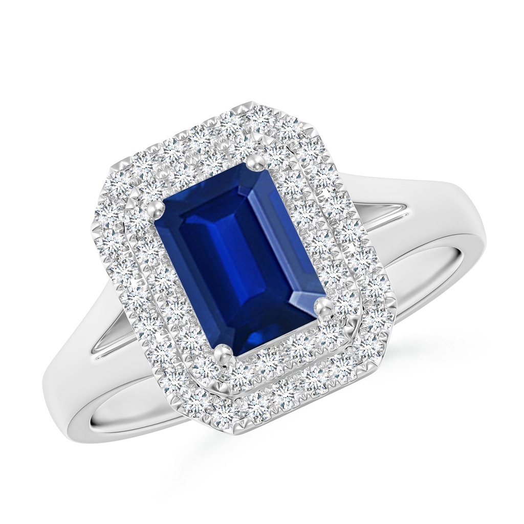 7x5mm Lab-Grown Emerald-Cut Blue Sapphire Double Halo Engagement Ring in White Gold