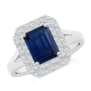 8x6mm AAA Emerald-Cut Blue Sapphire Double Halo Engagement Ring in P950 Platinum