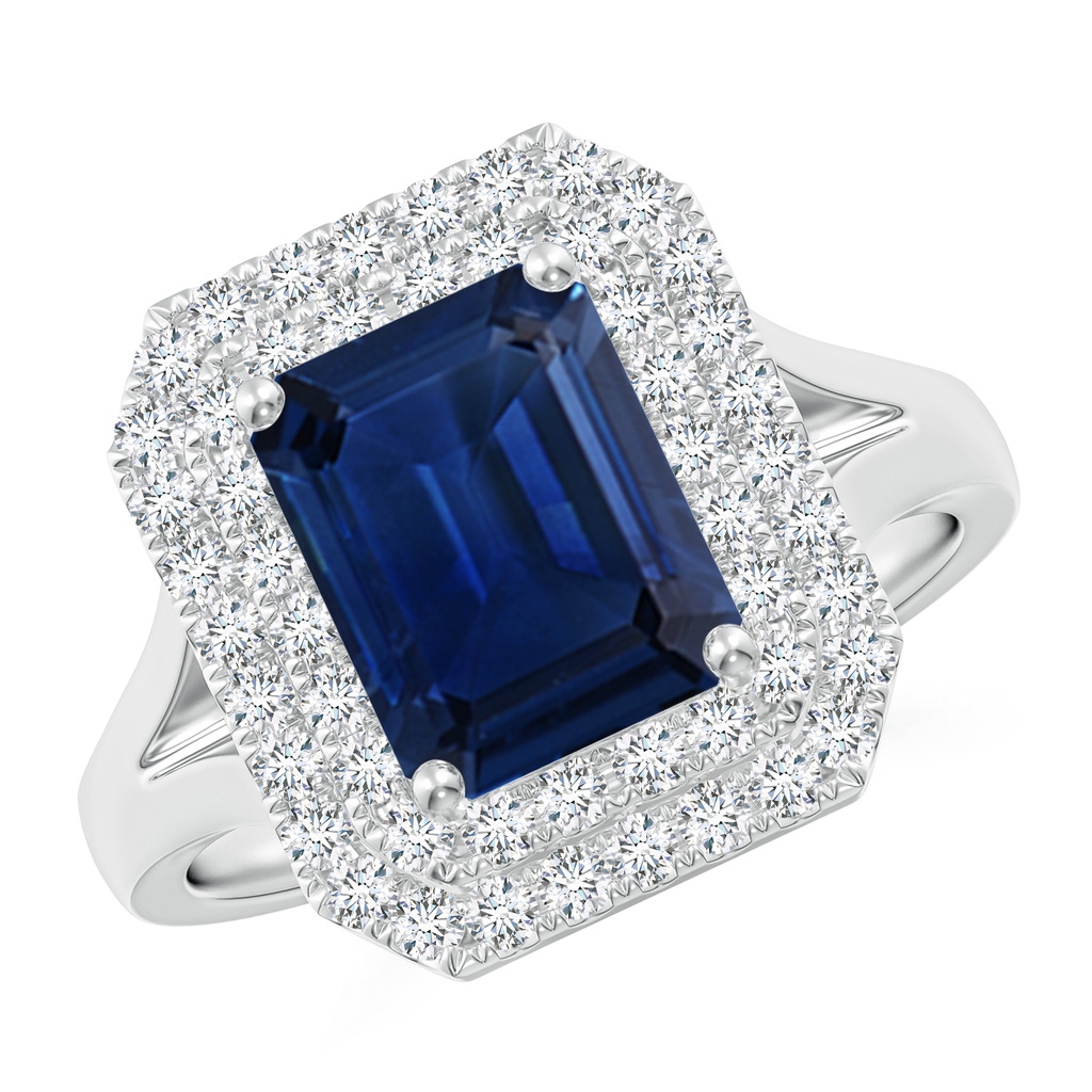 9x7mm AAA Emerald-Cut Blue Sapphire Double Halo Engagement Ring in White Gold