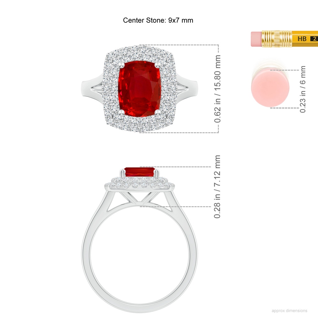 9x7mm AAA Cushion Rectangular Ruby Double Halo Engagement Ring in White Gold ruler