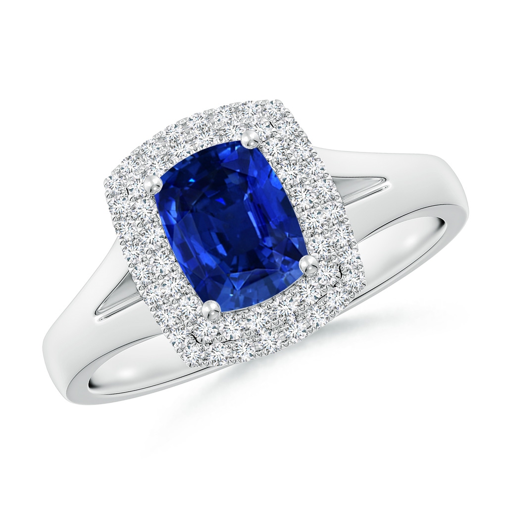 7x5mm Lab-Grown Cushion Rectangular Blue Sapphire Double Halo Engagement Ring in White Gold