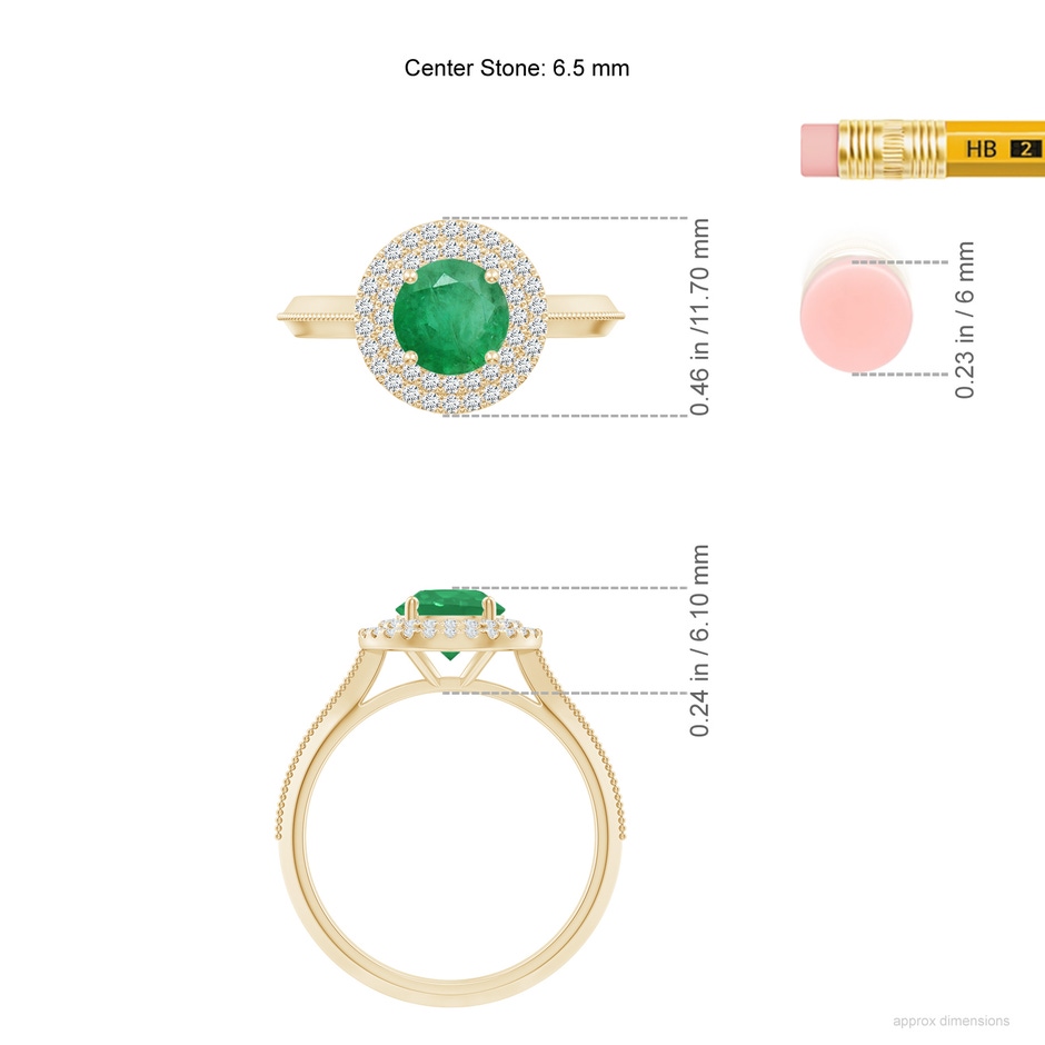 6.5mm A Vintage Inspired Round Emerald Double Halo Engagement Ring in Yellow Gold ruler